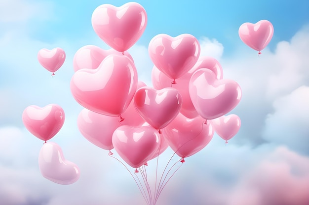 Pink Heart Balloons Floating in the Sky