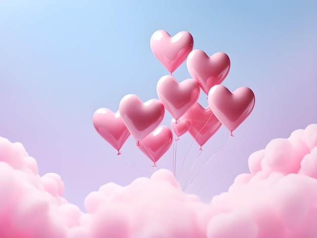 Pink Heart Balloons Soaring into a Pastel Blue Sky