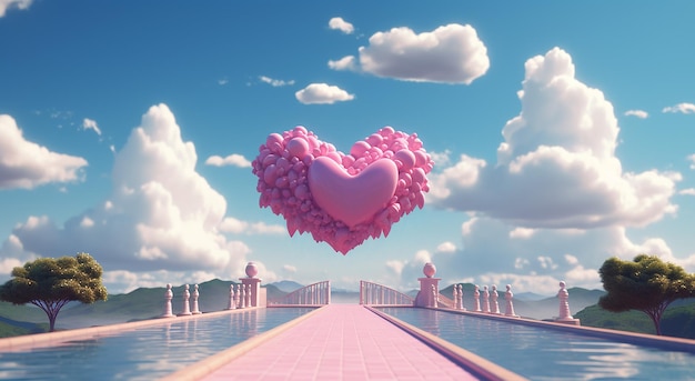 A pink heart from balloons among the clouds