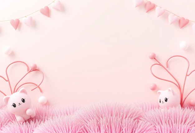 Pink heart garland and cute cartoon cat on pink fur with pink hearts