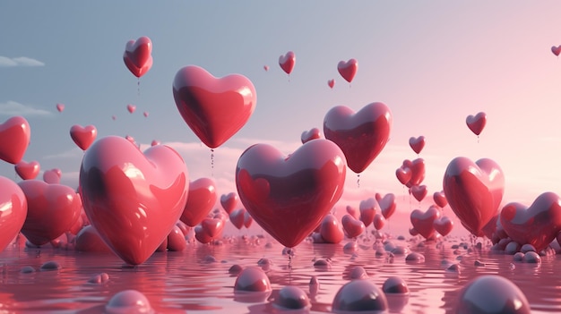 A pink heart is floating in the water with the word love on it.