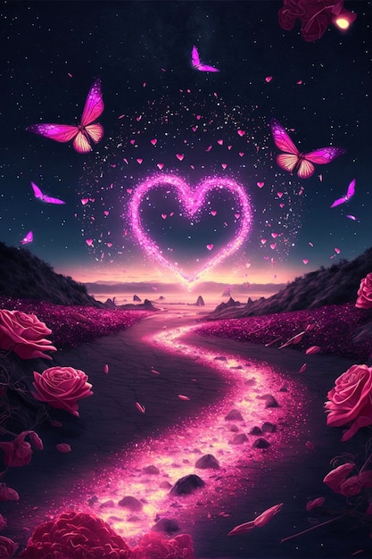 Pink heart in the middle of a field of flowers generative ai