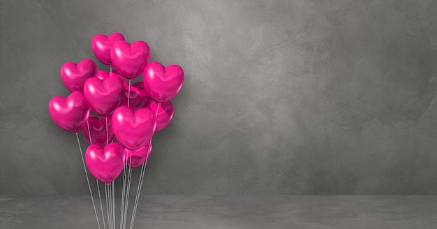 Pink heart shape balloons bunch on a grey wall background. Horizontal banner. 3D illustration render