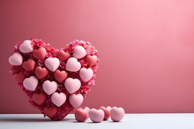 Pink heart shape on white wood table and pink wall background with copy space