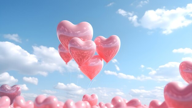 Pink heart shaped balloons floating in the sky Valentines day concept 3D Rendering