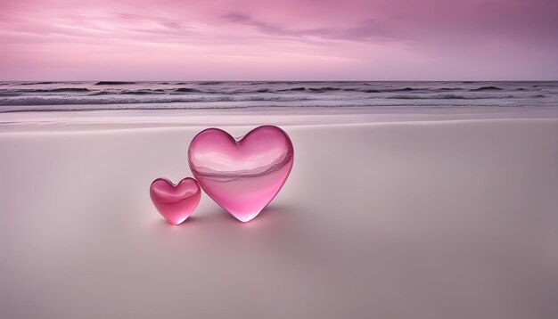 a pink heart shaped glass sits on the beach