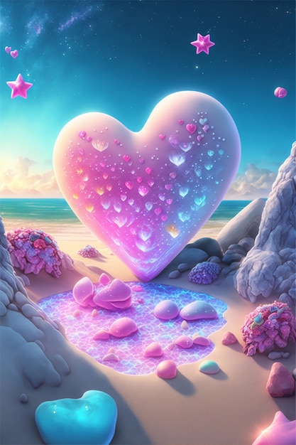 Pink heart sitting on top of a sandy beach generative ai