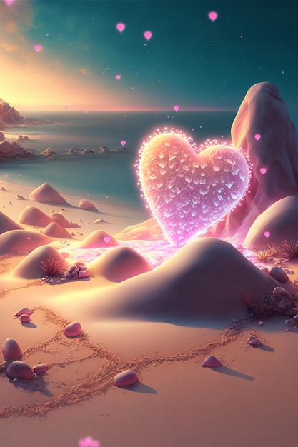 Pink heart sitting on top of a sandy beach generative ai