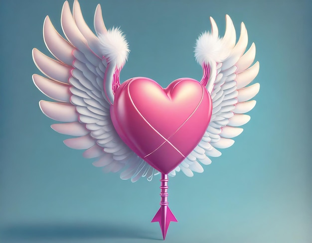 Pink heart wand with white wings isolated on blue background Cute 3d icon illustration Concept of lo