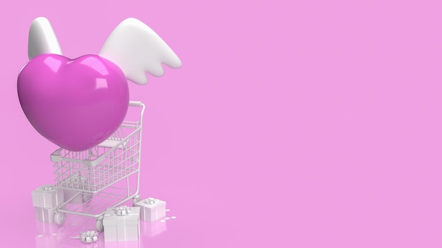 The pink heart and white wing white supermarket cart and gift box on pink background 3d rendering