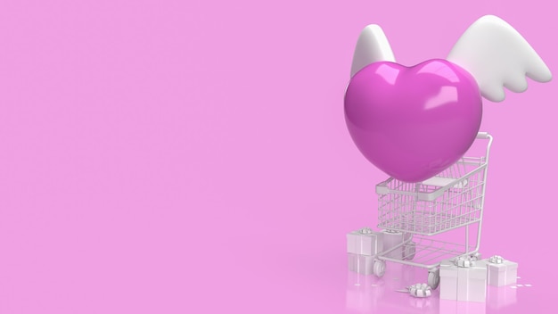 The pink heart and white wing white supermarket cart and gift box on pink background 3d rendering