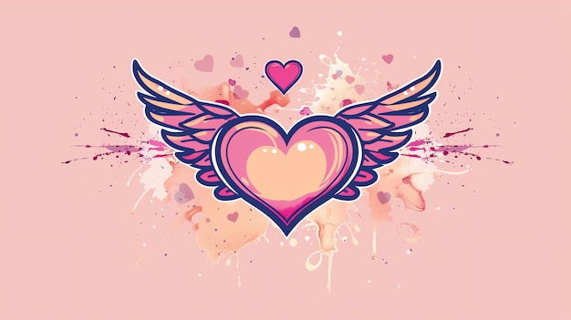 Photo a pink heart with wings and a pink background with watercolor splatters