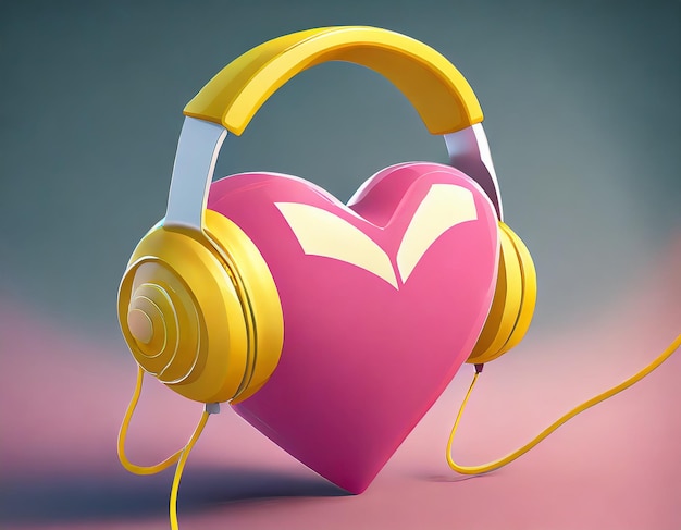 Photo pink heart with yellow headphones 3d cute icon element illustration