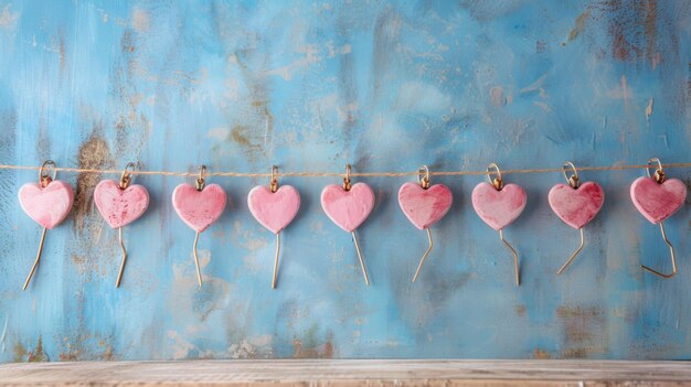 Pink Hearts on Blue Background