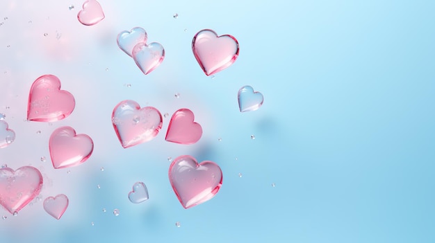 pink hearts floating in the air on a blue background