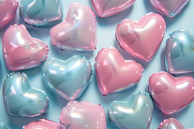 Pink heartshaped balloons on a blue background 3d rendering