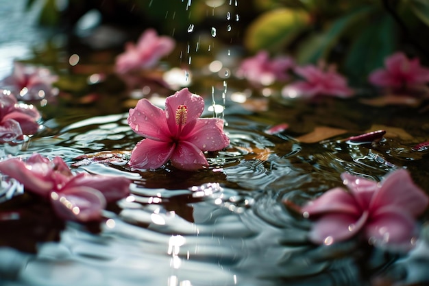 Pink Hibiscus flower in the water with drops of water