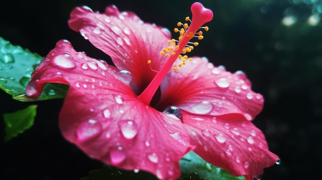 A pink hibiscus flower with water droplets on it