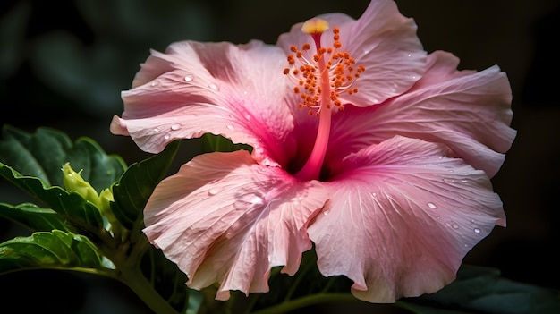 A pink hibiscus flower with the word hibiscus on it