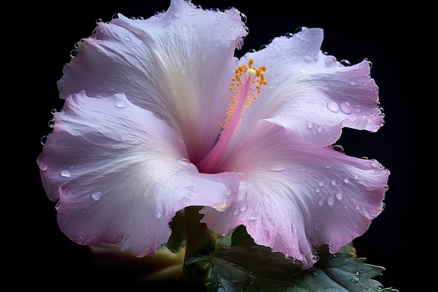 A pink hibiscus flower with yellow centers sits in the dark.