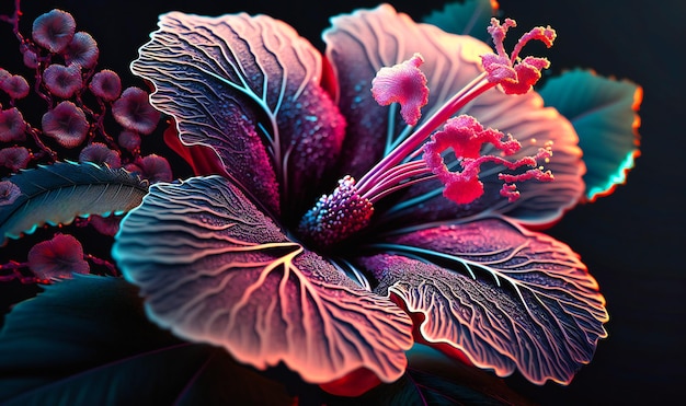 A pink hibiscus its intricate pattern and soft texture filling the frame in a closeup shot