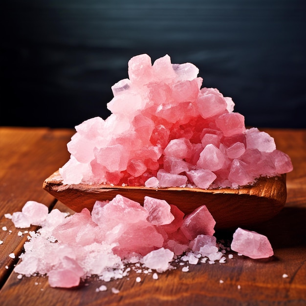 Pink himalayan rock salt on a wooden table