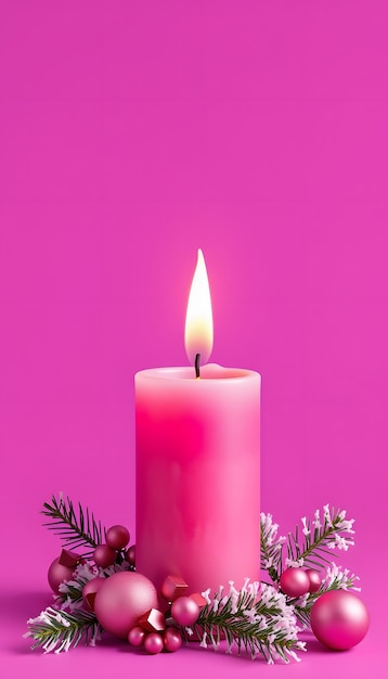 Photo pink holiday candle on purple background luxury branding design and decoration for christmas new