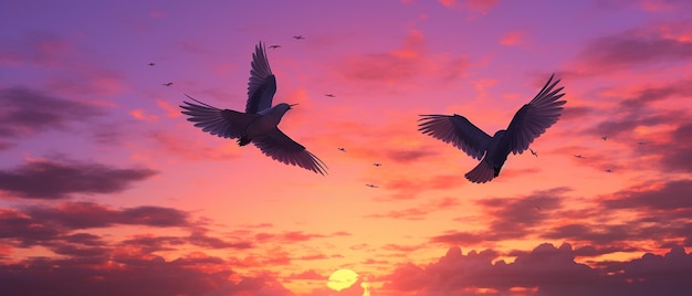 Pink Horizon Flight Two Birds Flying Past Sunset