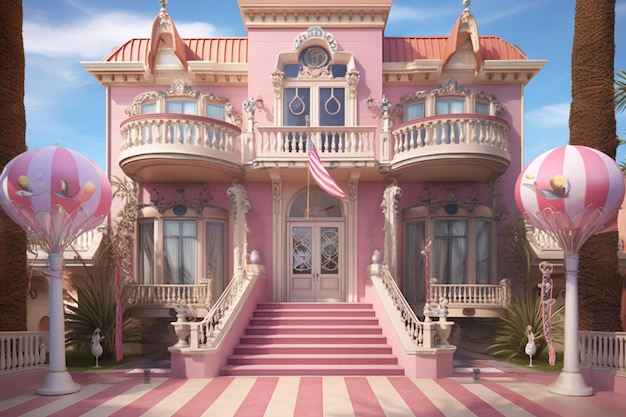 A pink house with a balcony and a balcony with a pink flag on it.