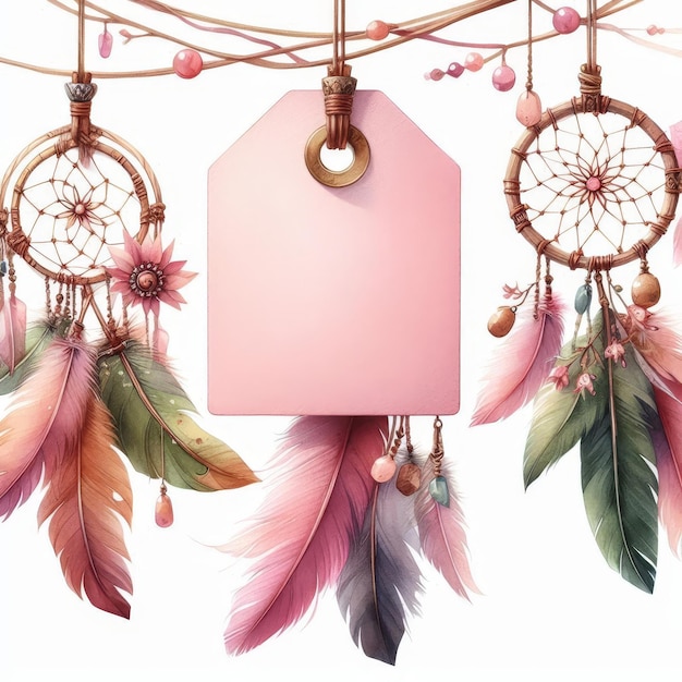 a pink house with feathers hanging from a string with a pink card that says  pink