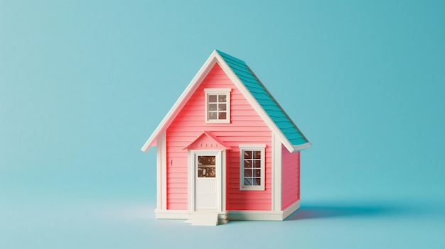 a pink house with a green roof and a blue roof