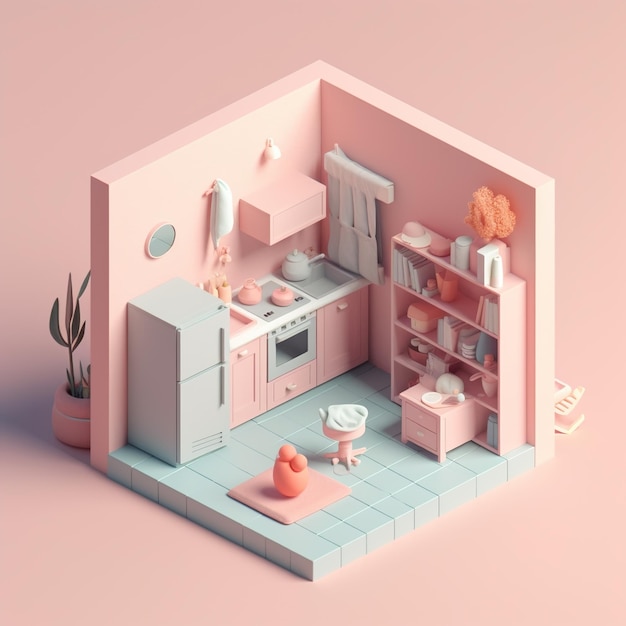 A pink house with a kitchen on the left and a pink cat on the right.