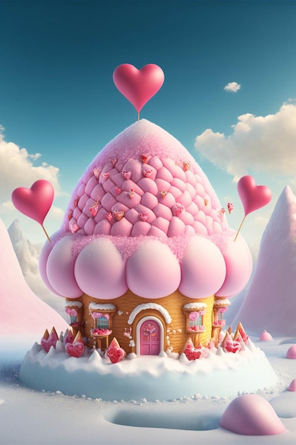 Pink house with lots of hearts on top of it generative ai