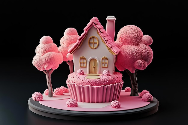 a pink house with a pink cupcake on the top