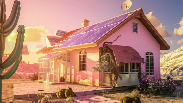 Photo a pink house with a solar panel on the roof