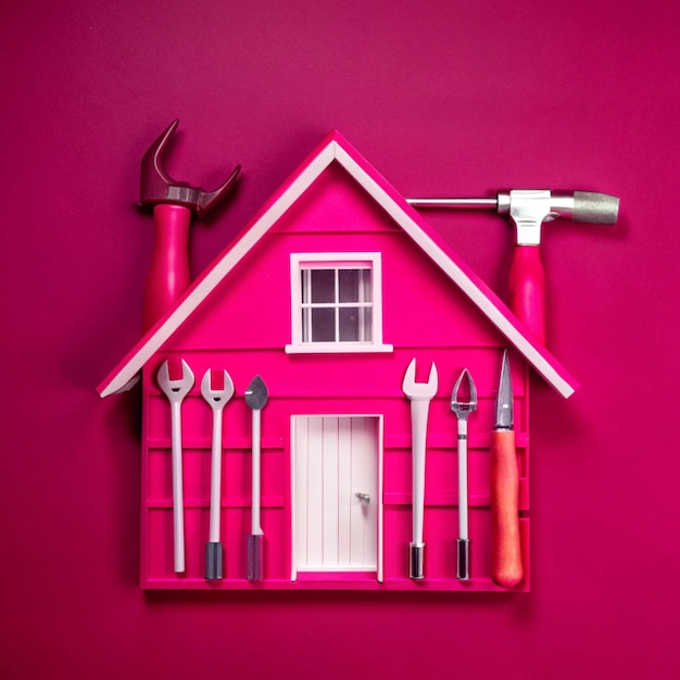 Photo a pink house with tools on the shelf and a wrench on the wall