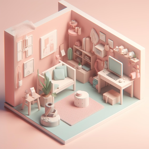 A pink house with a white couch and a coffee table with a blue pillow on it.