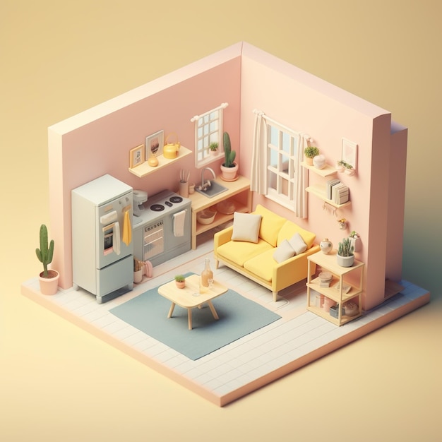 A pink house with a yellow couch and a stove.