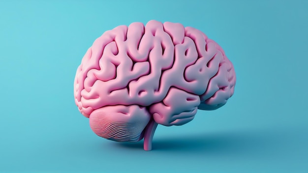 Pink human brain 3d rendering illustration on blue background Generative AI