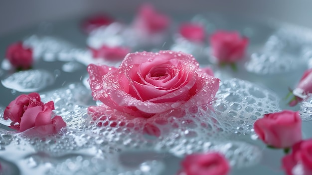 Pink hybrid tea rose floating in water with rose petals from the rose family