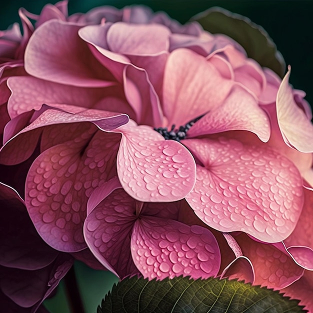 Pink hydrangea flower and green leaves closeup