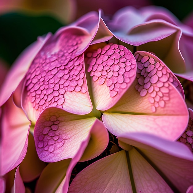 Pink hydrangea flower and green leaves closeup