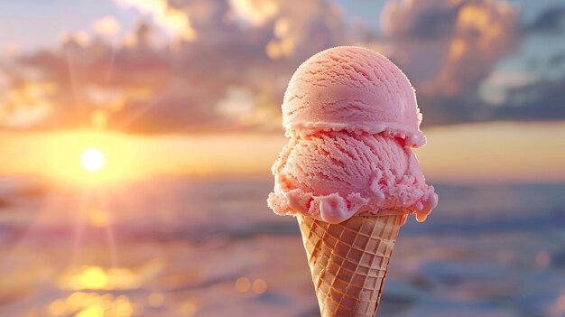 Pink Ice Cream Cone Sunset Background Summer Scene