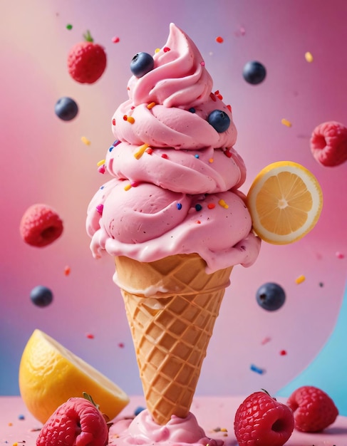 a pink ice cream cone with berries and blueberries on it