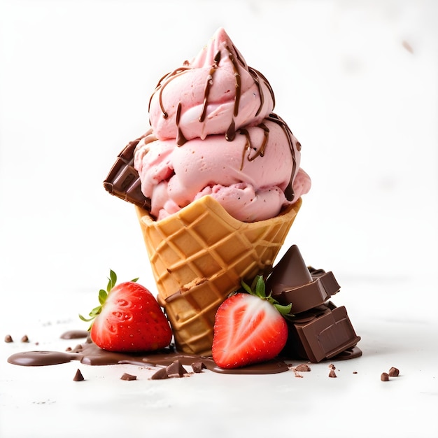 a pink ice cream cone with chocolate ice cream and strawberries on it