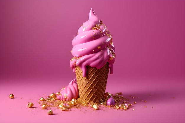 A pink ice cream cone with a gold glittery design on the top