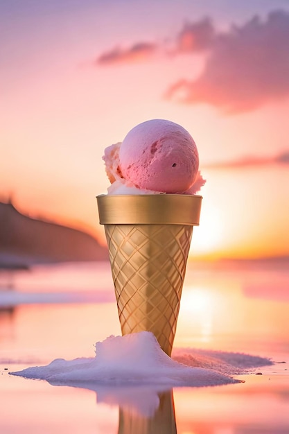 A pink ice cream cone with a gold rim sits on a beach at sunset.