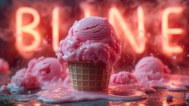 a pink ice cream cone with ice cream in the background