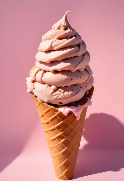 a pink ice cream cone with pink icing on it