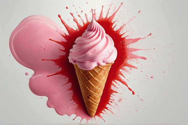 Photo a pink ice cream cone with pink and red sauce